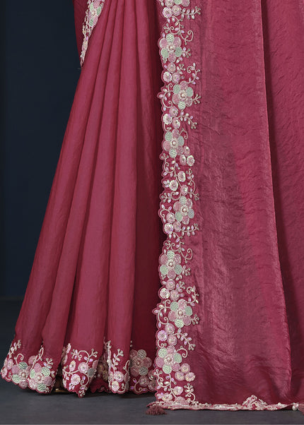 Reddish Pink Embroidered Wedding & Festive Saree