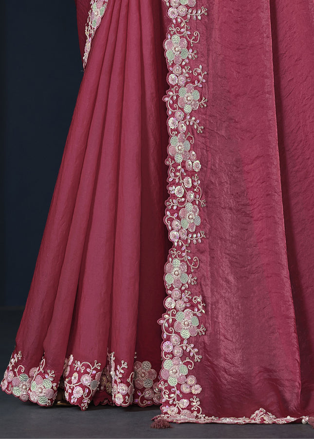 Reddish Pink Embroidered Wedding & Festive Saree