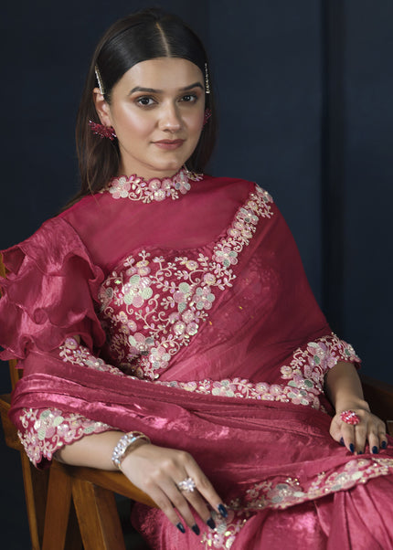 Reddish Pink Embroidered Wedding & Festive Saree