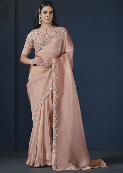 Peach Embroidered Wedding & Festive Saree