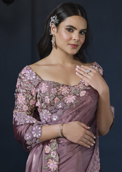 Mauve Embroidered Wedding & Festive Saree
