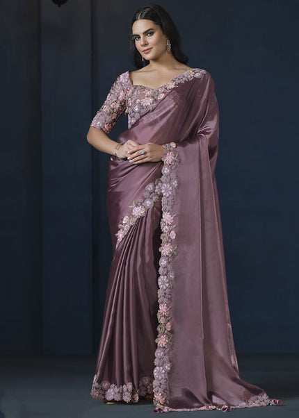 Mauve Embroidered Wedding & Festive Saree