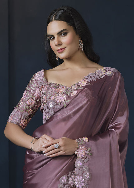 Mauve Embroidered Wedding & Festive Saree