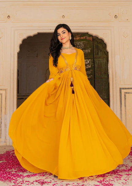 Mustard Yellow Embroidered Anarkali Gown