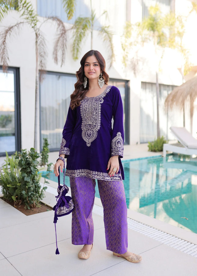 Purple Embroidered Pant Style Suit