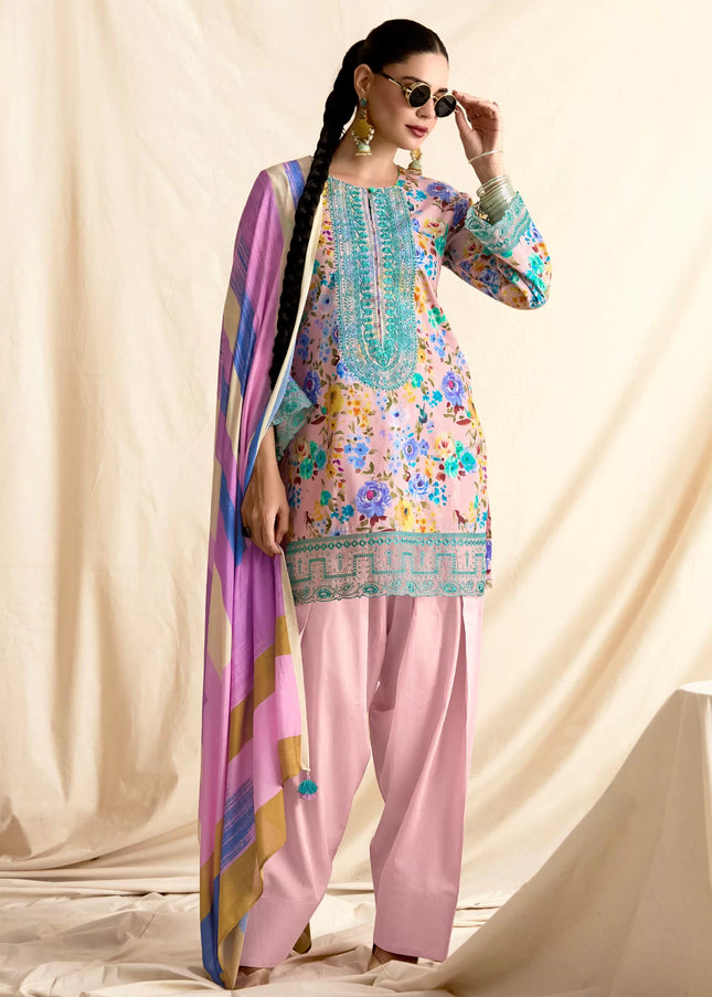Pink Printed and Embroidered Pant Syle Suit