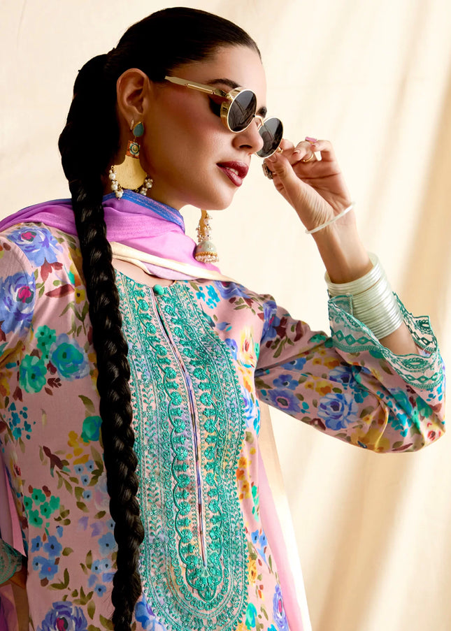 Pink Printed and Embroidered Pant Syle Suit