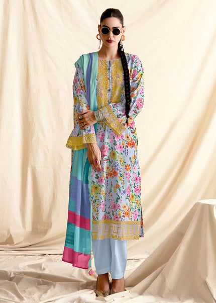 Sky Blue Printed and Embroidered Pant Syle Suit