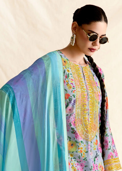 Sky Blue Printed and Embroidered Pant Syle Suit