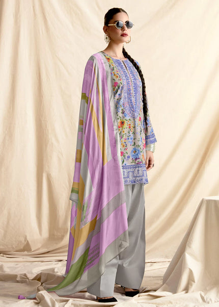 Grey Printed and Embroidered Pant Syle Suit