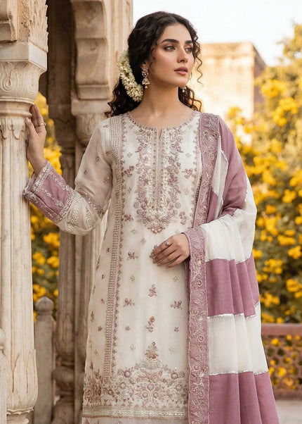 Offwhite and Pink Embroidered Pant Style Suit