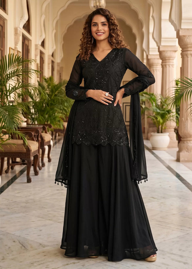 Black Embroidered Sharara Suit