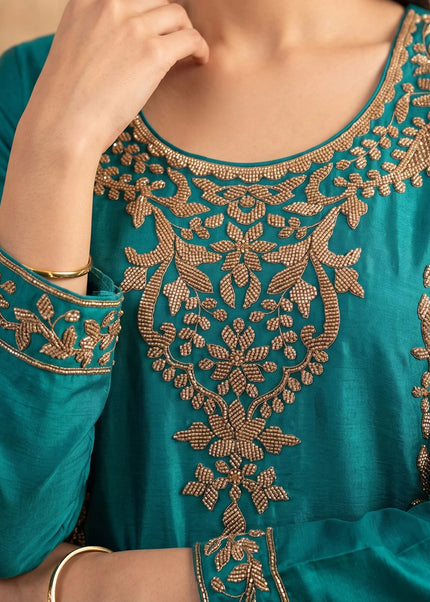 Teal Embroidered Sharara Suit