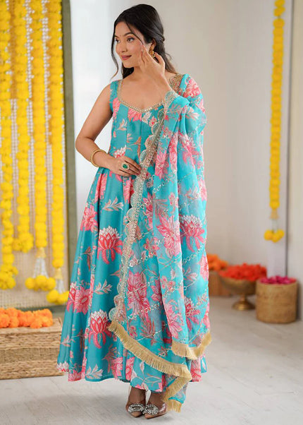 Sky Blue Printed and Embroidered Anarkali Gown