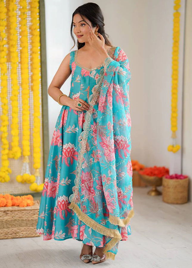 Sky Blue Printed and Embroidered Anarkali Gown