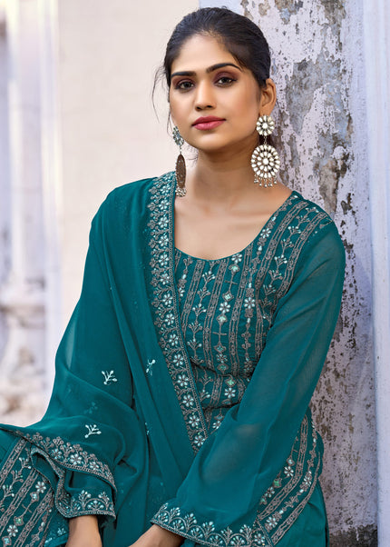 Teal Embroidered Palazzo Suit