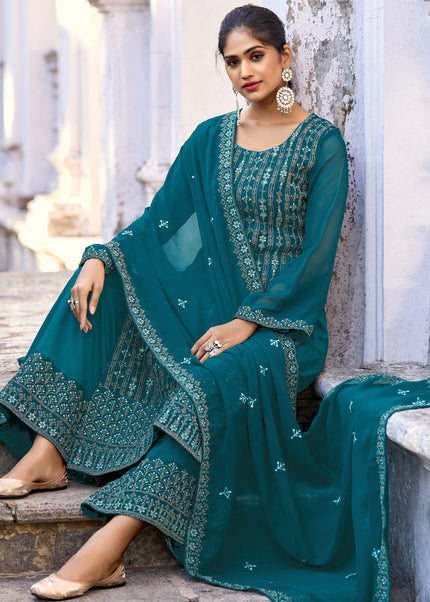 Teal Embroidered Palazzo Suit