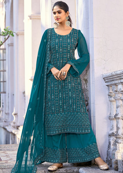 Teal Embroidered Palazzo Suit