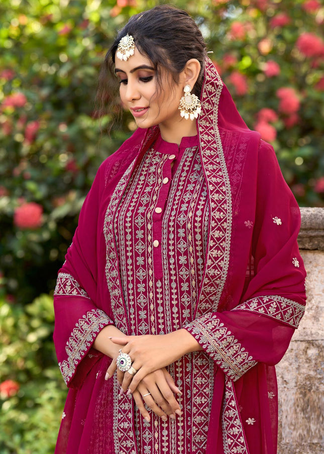Magenta Embroidered Pant Style Suit