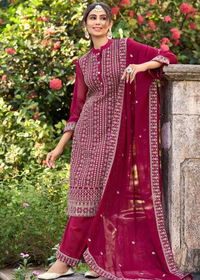 Magenta Embroidered Pant Style Suit