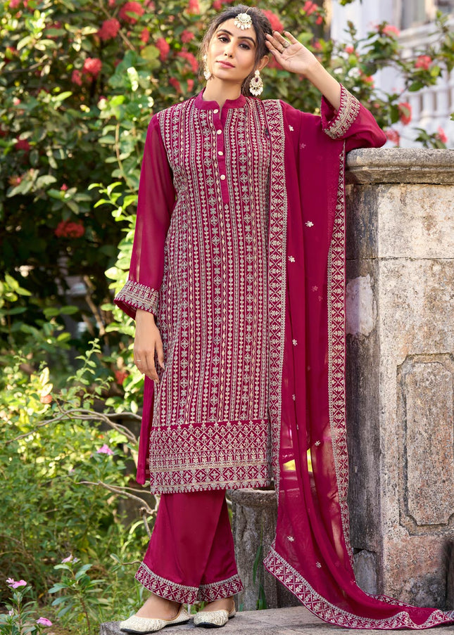 Magenta Embroidered Pant Style Suit