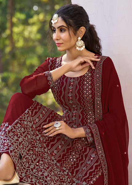 Maroon Embroidered Palazzo Suit