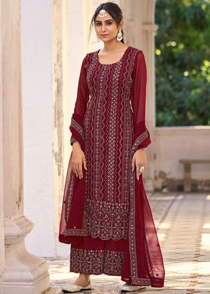 Maroon Embroidered Palazzo Suit