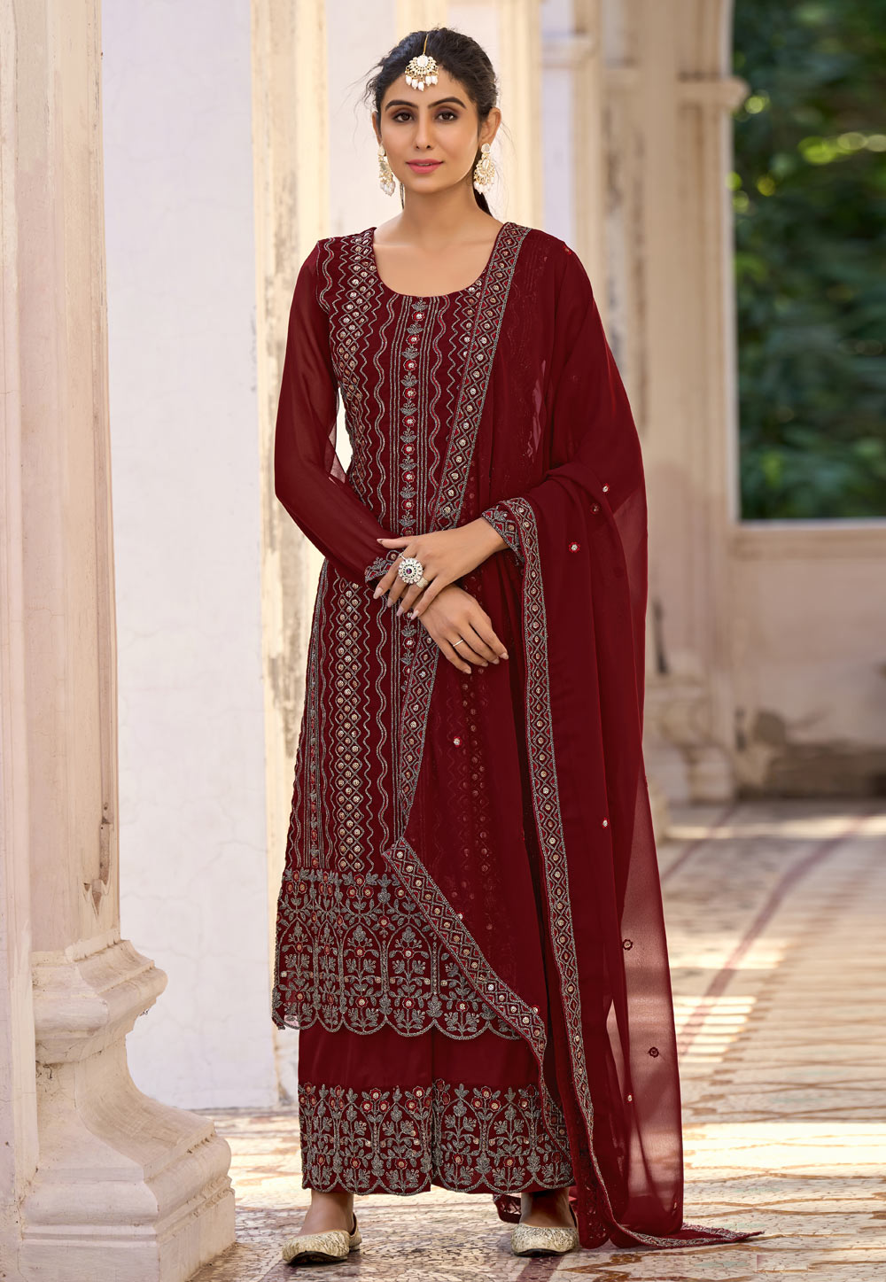 maroon georgette embroidered palazzo suit 6165