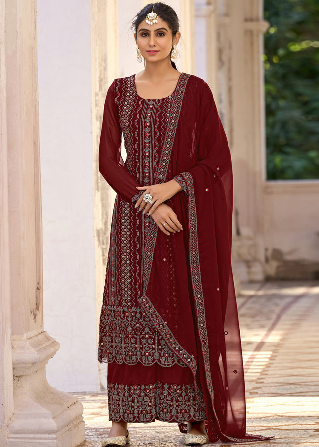 Maroon Embroidered Palazzo Suit