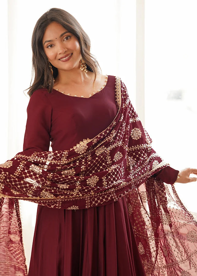Maroon Embroidered Anarkali