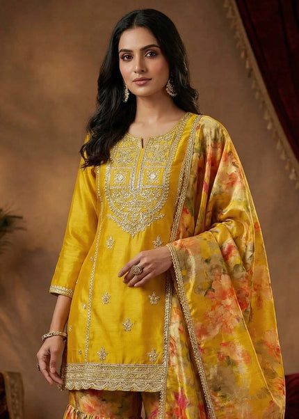 Mustard Yellow Printed and Embroidered Gharara Suit