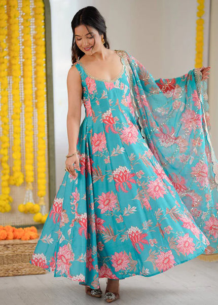 Sky Blue Printed and Embroidered Anarkali Gown