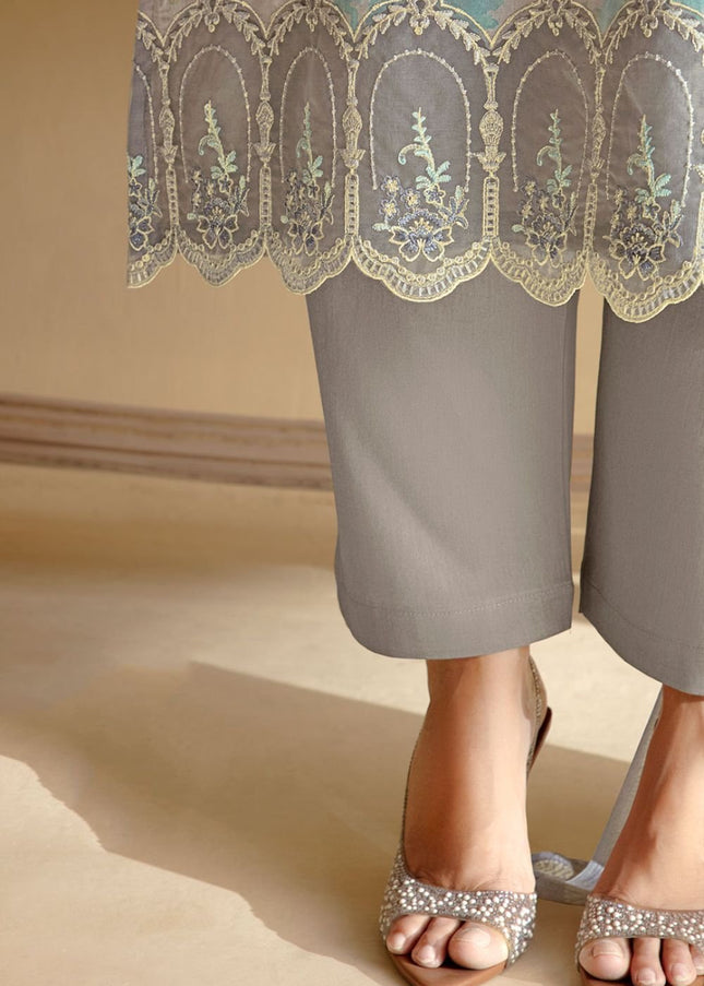 Grey Printed and Embroidered Pant Syle Suit