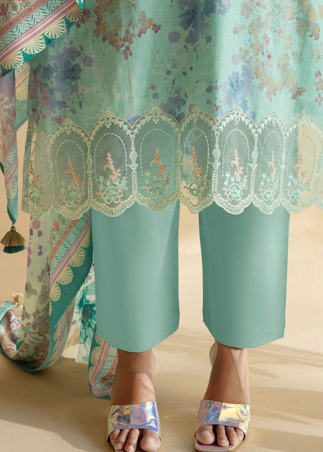 Sky Blue Printed and Embroidered Pant Syle Suit