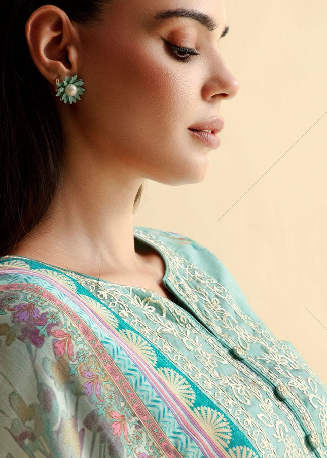 Sky Blue Printed and Embroidered Pant Syle Suit