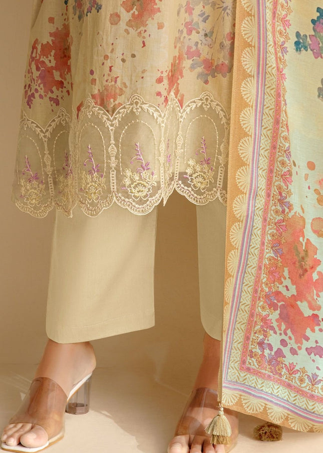 Cream Printed and Embroidered Pant Syle Suit