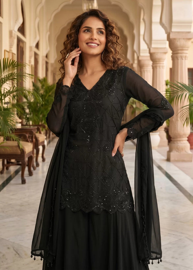 Black Embroidered Sharara Suit