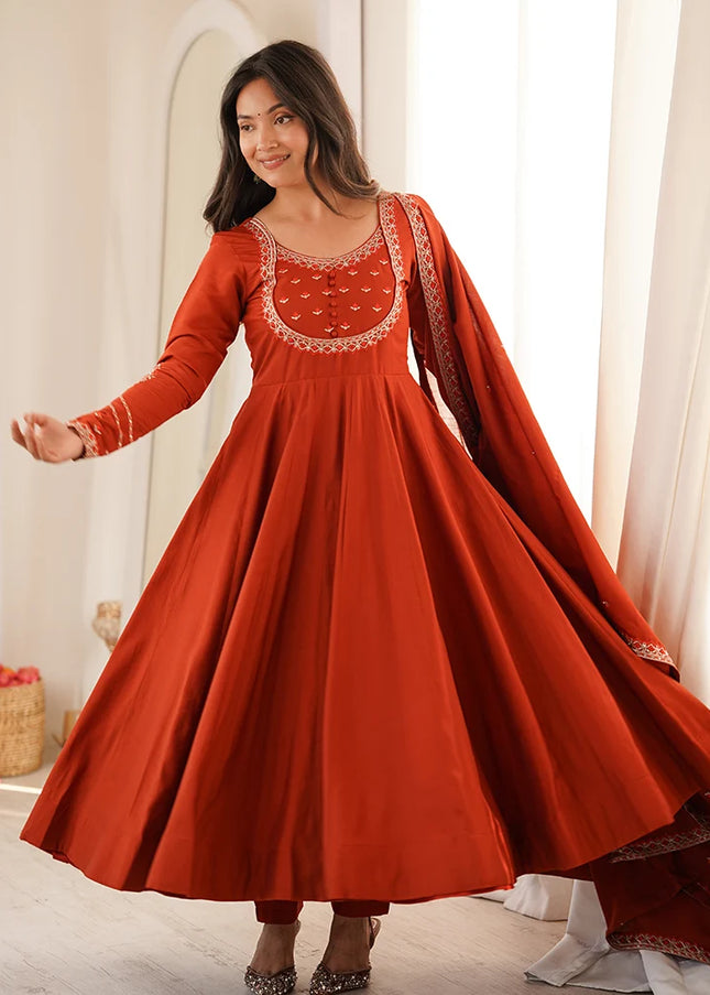Rust Embroidered Anarkali