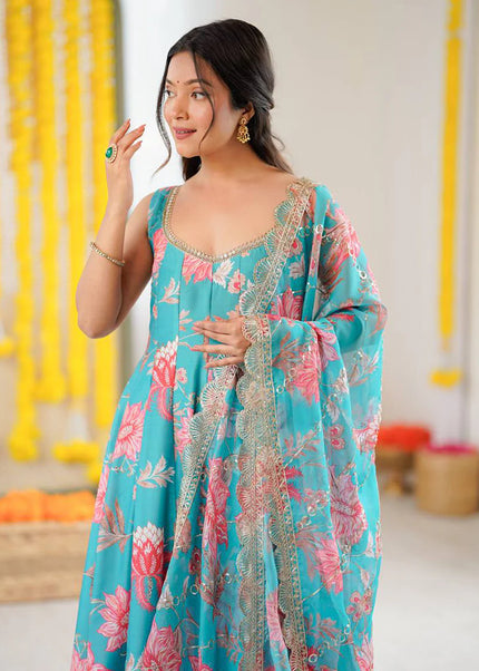 Sky Blue Printed and Embroidered Anarkali Gown