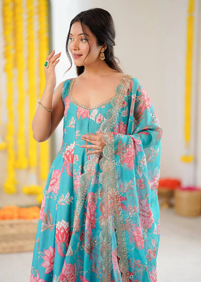 Sky Blue Printed and Embroidered Anarkali Gown