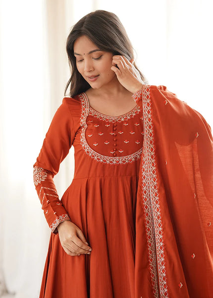 Rust Embroidered Anarkali