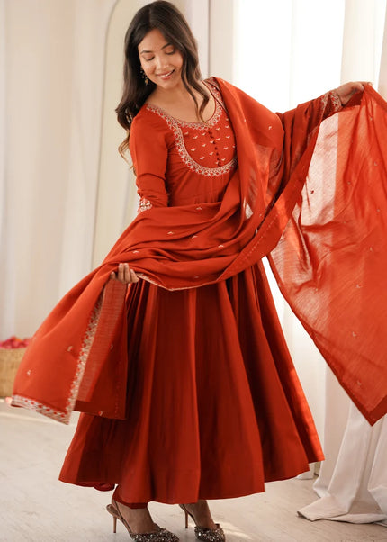 Rust Embroidered Anarkali