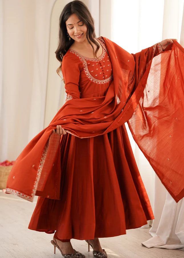 Rust Embroidered Anarkali