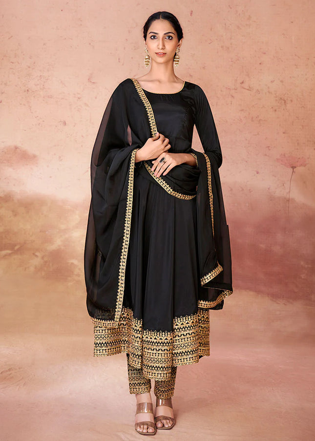 Black Embroidered Straight Pant Suit