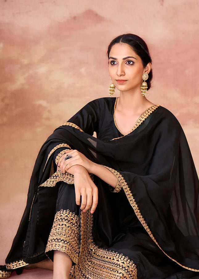 Black Embroidered Straight Pant Suit