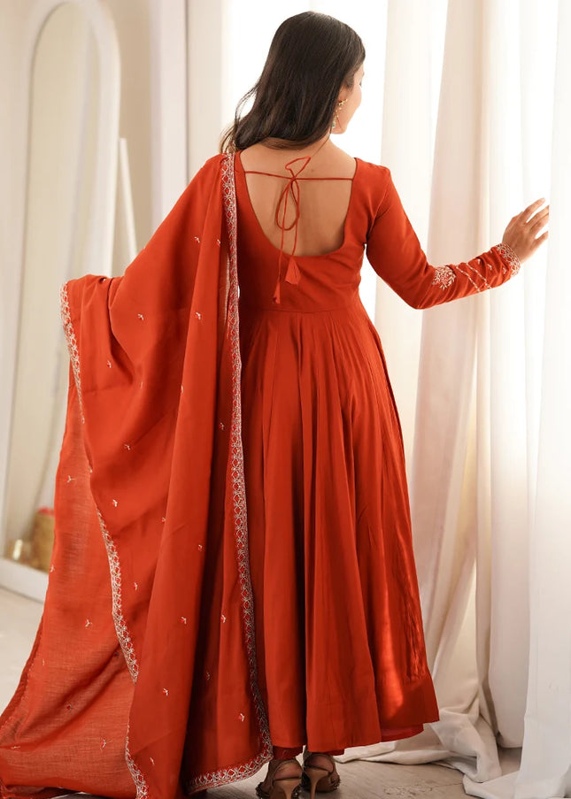 Rust Embroidered Anarkali