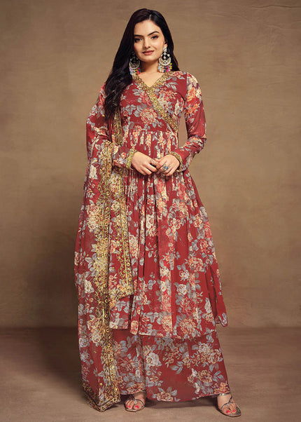 Red Floral Printed and Embroidered Salwar Suit