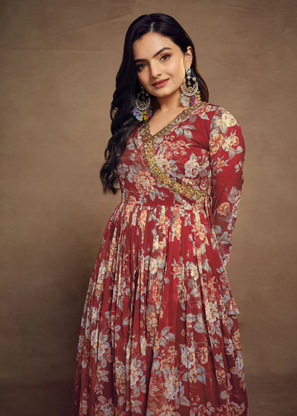 Red Floral Printed and Embroidered Salwar Suit