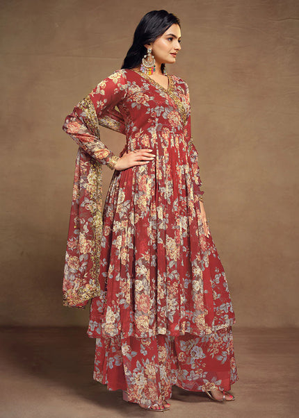 Red Floral Printed and Embroidered Salwar Suit