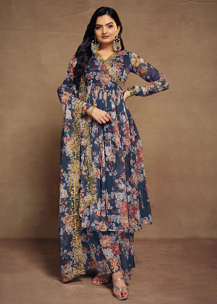 Blue Floral Printed and Embroidered Salwar Suit